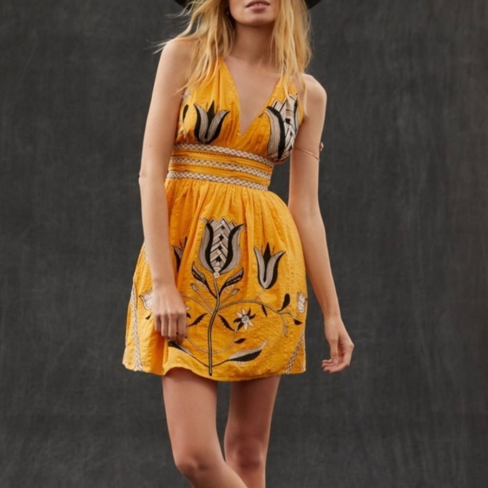 Anthropologie Let Me Be Halter Mini Dress Yellow Cotton Size L